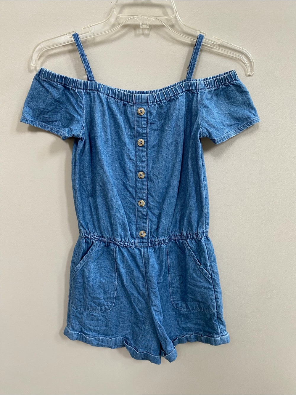 abercrombie kids Blue Denim Off-Shoulder Romper with Buttons
